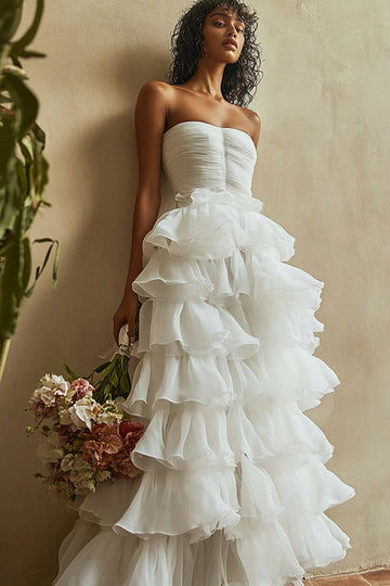 White Organza A Line Tiered Strapless Ruffled Long Wedding Dress